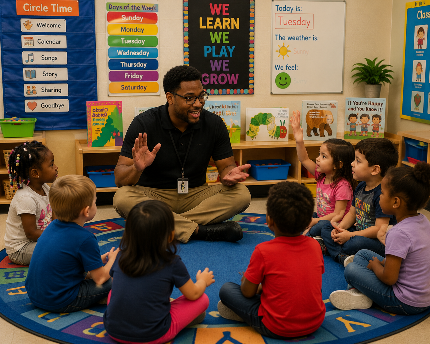 Children participating in circle time activities in a classroom